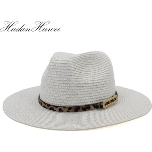Summer Men Women Paper Straw Panama Jazz Hat Sombrero Outdoor Beach Cap Wide Brim Sun Hats with Leopard Print Leather Band