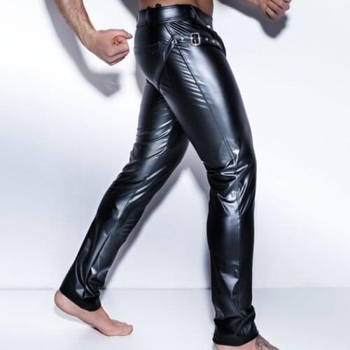 Moto Bike Trousers Mens Black Faux Leather Pants Long Trousers Sexy And Novelty Skinny Muscle Tights Mens Leggings Slim Fit NEW