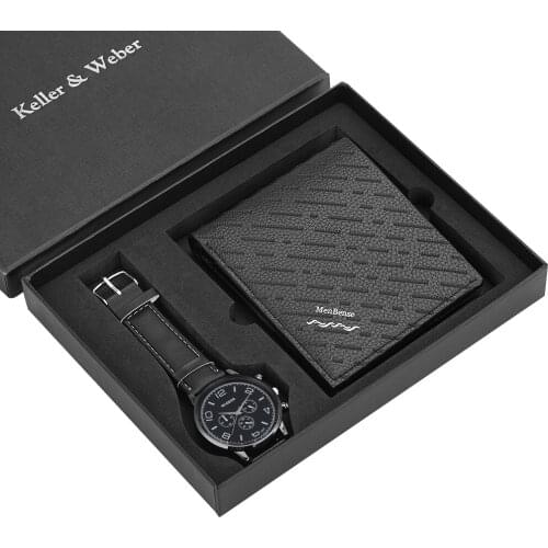 Mens Watch Set Gifts Quartz Watches Black Twill Wallet Birthday Gift For Dad Husband Boyfriend Reloj Carteira