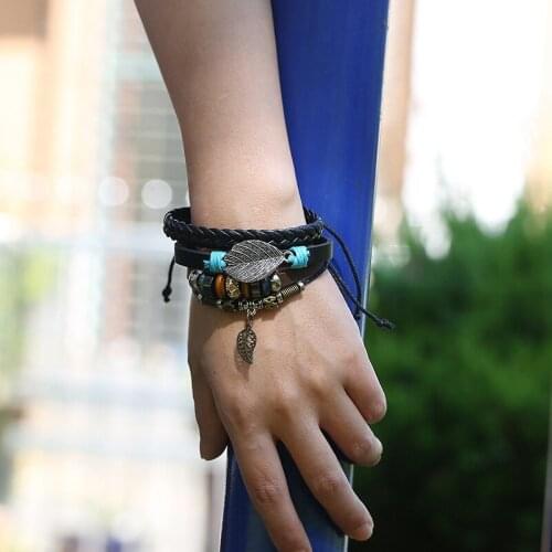 New Fashion Design 3 Piece Men Braided Bracelet Vintage Hand-woven Multi-layer Leather Bracelet Jewelry gift for men