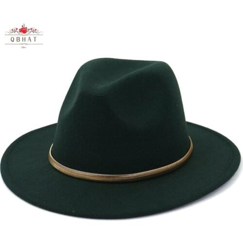 QBHAT Solid Turquoise Green Colors Wool Felt Fedora Hats with Golden Chain Women Men Wide Brim Jazz Party Formal Hat Panama Cap