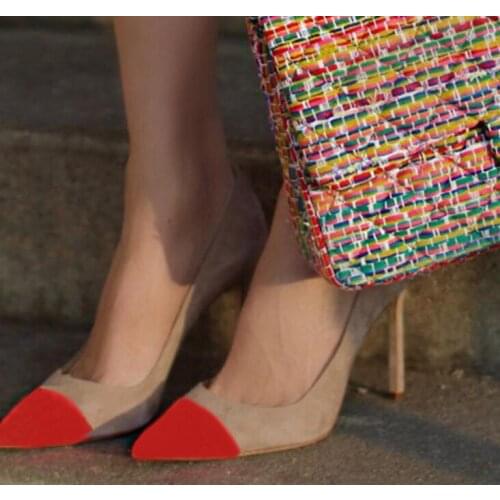 Sexy Beige Red Suede Patchwork Dress Shoes High Heels Mixed Pointed Toe Shallow Pumps Shoes Women Slip-on Celebrating Shoes