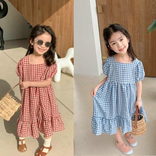 Summer Girls' Dress Plaid Wide Neckline Short Sleeve Sweet Princess Dress New Casual ChildrenS Baby Kids Clothing For Girls