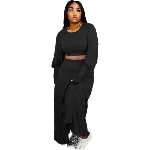 Casual Two Piece Crop Top And Skirt Outfits For Women Sexy O Neck Loose Lantern Long Sleeve Short Tops Matching Long Skirt Set