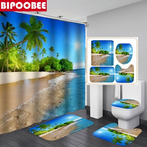 Coastal Sunny Beach Scenery 3D Shower Curtain Pedestal Rug Lid Toilet Cover carpet Bath Mat Set Bathroom Curtains with Hooks
