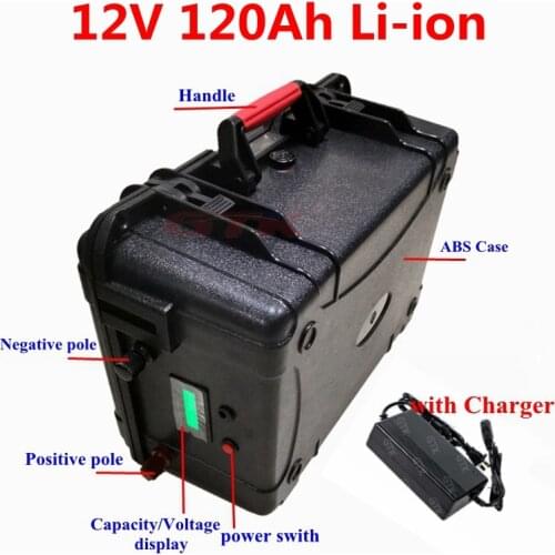 Waterproof 12V 120ah 100ah Lithium ion battery 12v with BMS 3s LCD display for fishing boat solar panel inverter+10A Charger