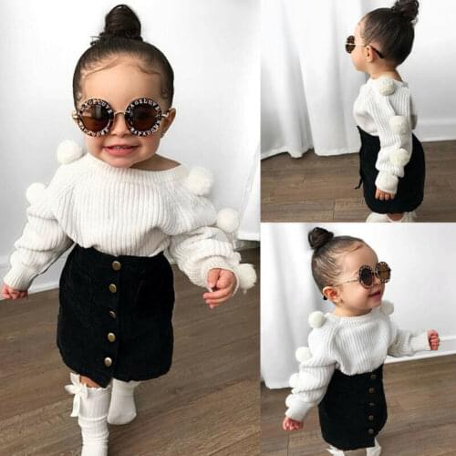 Toddler Baby Kids Girls Hairball Knit Tops+button Mini Skirt Warm Outfits Sets