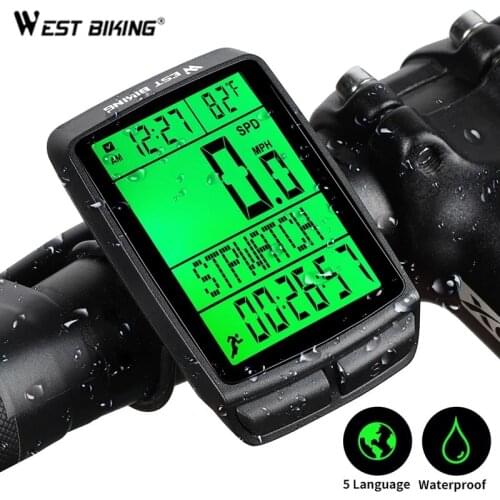 WEST BIKING Waterproof Bicycle Computer 5 Language Displays Bike Speedometer LED Backlight Odometer Mountain Wireless Stopwatch