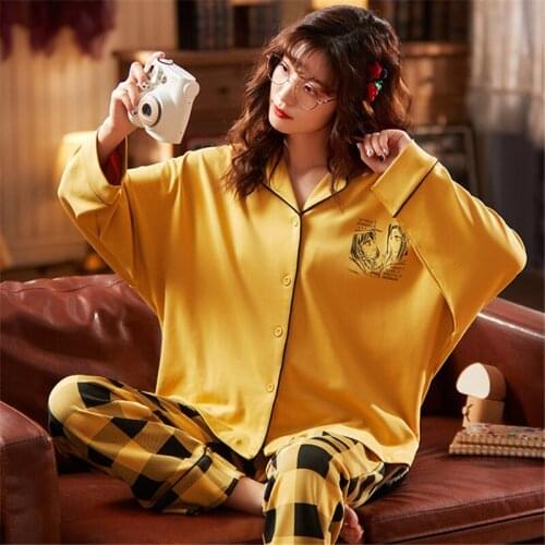 Womens autumn pajamas new cardigan lapel Korean style simple fashion cartoon cotton home service suit pijamas women 2020 ROBE