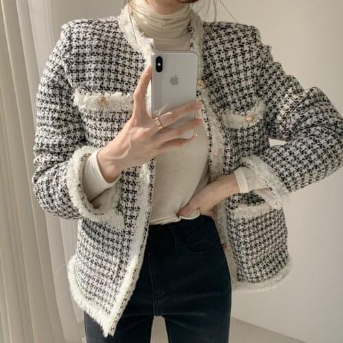 Autumn winter small fragrance retro hit color woolen jacket women o-neck lamb wool warm long-sleeved tweed short jacket