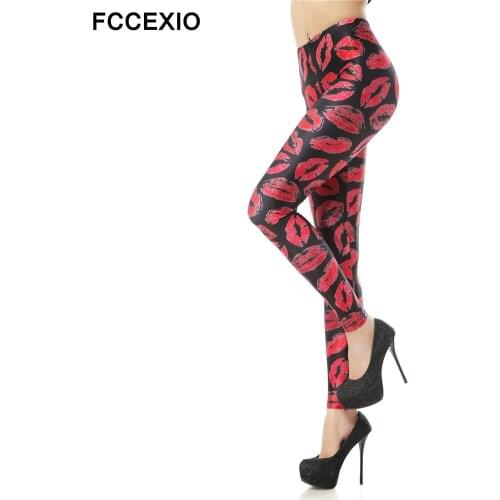FCCEXIO Red Lips Fullprints Female Black Leggings Workout Pants Lipstick Women Regular Push Up Stretchy Soft Fitness Leggins