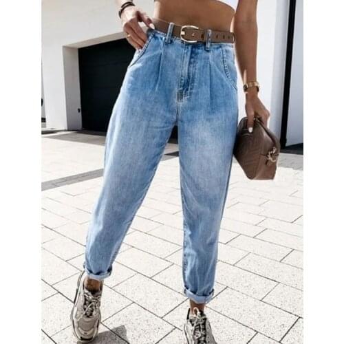 Womens Casual Trousers High Waist Washed Jeans