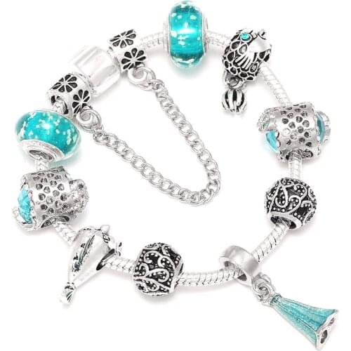 SEIALOY Princess Charm Bracelet for women Blue Love crystal Luminous Glass Beads Beaver Beads silve Original Bracelet Bangle