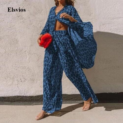 Spring Women 2 Piece Sets Summer Button Leopard Shirt And Wide Leg Pants Suits 2021 Fashion Long Sleeve Loose Outfits Streetwear