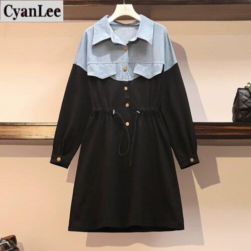 Plus Size Women Sweatshirt Dress Autumn 2020 Turn-down Collar Denim Patchwork Drawstring Waist Cotton A-Line Short Dresses