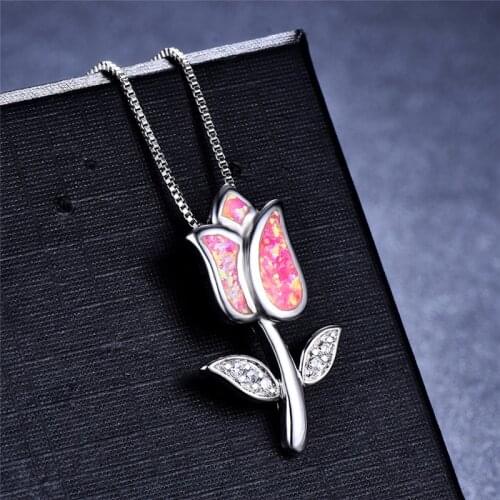 Elegant Pink Fire Opal Rose Flower Pendant Necklaces For Women 925 Sterling Silver Wedding Jewelry Female Valentines Day Gifts