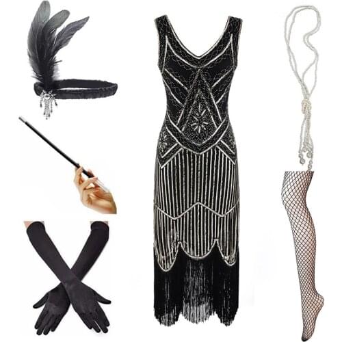 Plus Size 4XL Womens 1920s V Neck Sequins Beaded Fringed Gatsby Theme Flapper Dress with Accessories Set