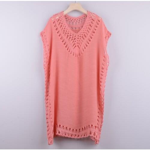 Woman Beach Dress Summer Crochet Cover Up Dresses Solid Swimwear Tunics Swimsuit Tunic 2021 Ladies Beachwear Pink Cover-ups