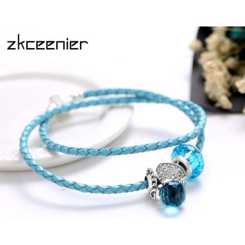 ZKCEENIER Romantic Blue Water Drop Leather Bracelets Fit Diy Snake Chain Brand Charm Bracelets&Bangles for Women Jewelry Gifts