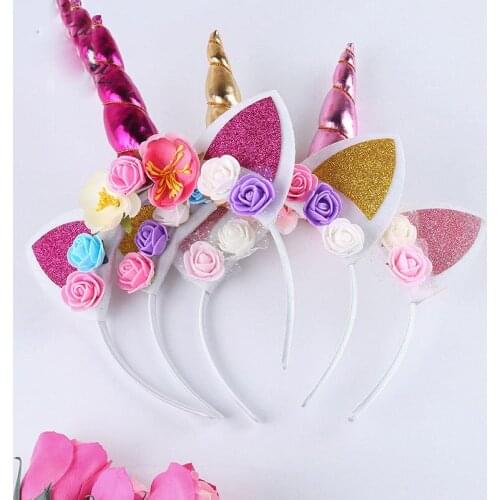 1PC Party Unicorn Hairband Tiara DIY Flower Unicorn Horn Ears Hair Accessories Bands Xmas Birthday Glitter Headband For Kids