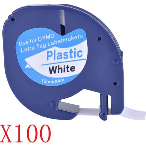 100 Compatible Black on White (12mm x 4m) Plastic Label Tapes for Dymo LetraTag QX 50, XR, XM, 2000, Plus Label Makers