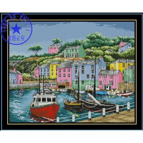 Free delivery Top Quality popular lovely counted cross stitch kit port seaport dock ship boat