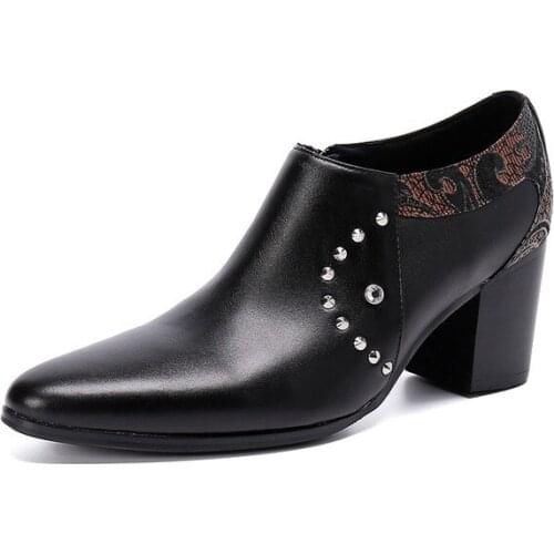 Black Soft Leather Ankle Boots Thick Heels Men Shoes Cowboy Boots Men High Heels 6-8cm Zapatos Hombre Slip on Man Boots