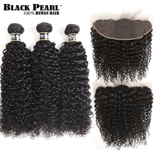 Black Pearl Brazilian Kinky Curly Lace Frontal Closure with Bundles Non Remy Curly Hair 3 Bundles With 13x4 Lace Frontal