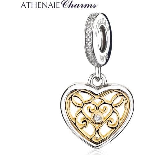 ATHENAIE 925 Sterling Silver Pave 14Kt Gold Pendant and Clear CZ Romantic Heart Charms Beads Fit Necklace & Bracelets For Women