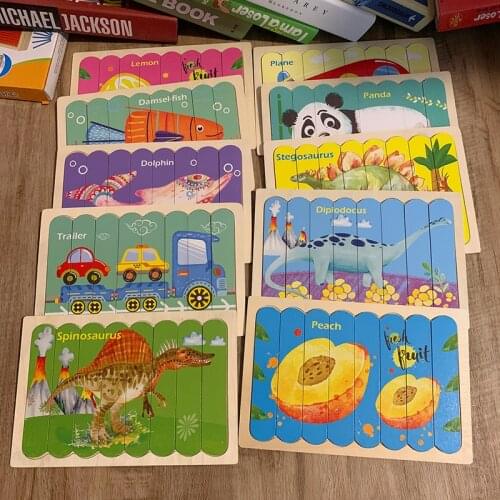 Double Sided Cartoon Animals Strip Puzzles Baby Toy Wooden Montessori Materials Educational Toys For Children Kids Learning Toys