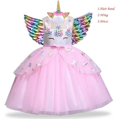Unicorn Rainbow Dress Wings Kids Dress Girls Birthday Party Crown Hairpin Cosplay Costume Lace Cake Flower Girls Wedding Dress