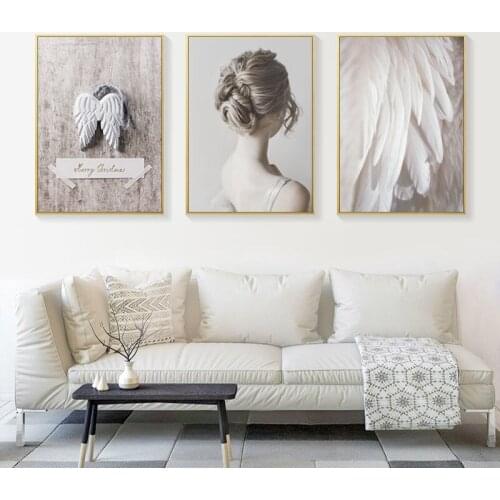 Nordic Modern Style White Angel Wings Feather Canvas Painting Figure Posters And Prints Wall Art Pictures For Living Room Decor