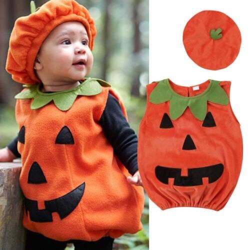 Cosplay Halloween Baby Kid Pumpkin Sleeveless Suit Top Dress+Hat Clothes Costumes 2PCS Outfits