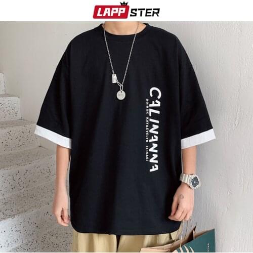 LAPPSTER Men Patchwork Harajuku Graphic T-Shirts 2021 Summer Mens Korean Black T-Shirts Male Funny Kawaii Tops Tees Plus Size