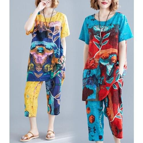 Fashion casual large size cotton linen suit women summer new Korean loose mid-length coat linen wide-leg pants two-piece sets140