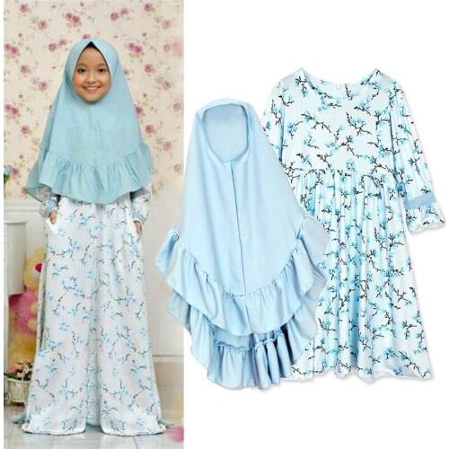 Muslim Polyester Abaya for Children Printed Flowers Malaysia with Hijab Jibabs Kaftan Girl Princess Dress