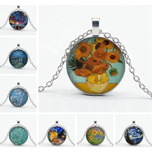 New Van Gogh Starry Night Sunflower Necklace with Artwork Pattern Dome Glass Pendant Necklace