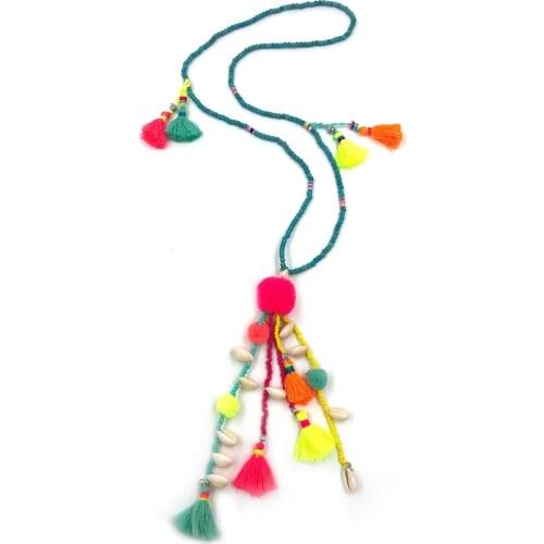 New colorful Pompoms beaded tassel pendents necklace boho Bohemiam long fringe pendant statement Necklaces for summer women