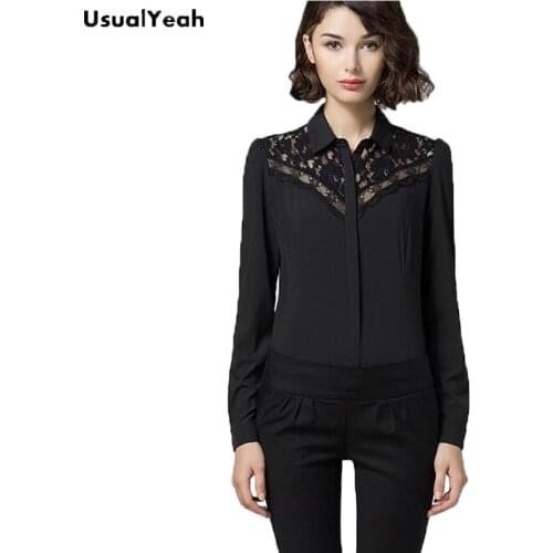 UsualYeah New Women Office Lady Black Body Shirts Solid Lace Long sleeve Turn-down Collar Blouse S-XXL SY0329