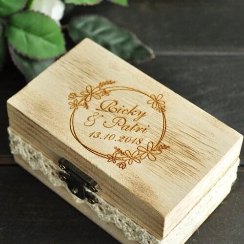 Personalized Double Wedding Ring Box With Lace Wedding Engraved Ceremony Box Customized Ring Bearer Box for Wedding Gift