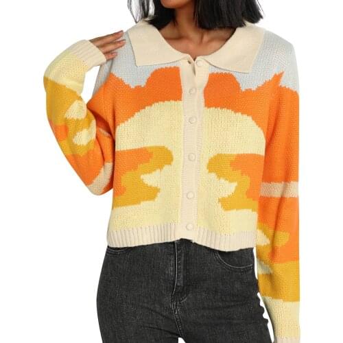 Hirigin New Fashion Womens Button Down Sweater Cardigan Tops Casual Long Sleeve Color Block Knitted Lapel T-Shirts Hoodies