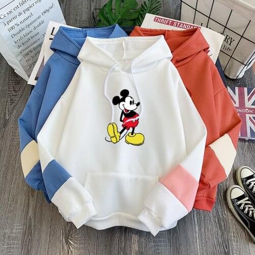 2021 Autumn Winter Cute Kawaii Mickey Mouse Cartoon Plus Fleece Disney Hoodie Sweatshirt Long Sleeve Contrast Color Y2K Pullover