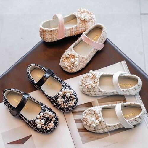 2020 Autumn New Girls Rhinestone Princess Shoes Pearl Bling Mary Janes Shoes Plaid Kids Flats Child Dress Shoes Baby Toddlers