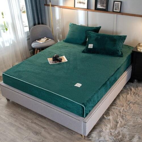 Magic Fleece Fitted Sheet Set Solid Stripe Flannel Elastic Fit Sheet +2pillowcase Warm Bed Linen Set Mattress Winter Cover Plush
