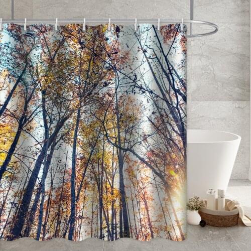Red Forest Theme Shower Curtains Mystical Fantasy Woodland Under Heavy Fog Tall Tree Bushes Fabric Bathroom Decor Set with Hooks