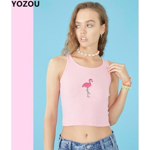 Women summer Flamingo embroidery crop top cropped tank short vest pink top female kawaii cute sweet holiday tee