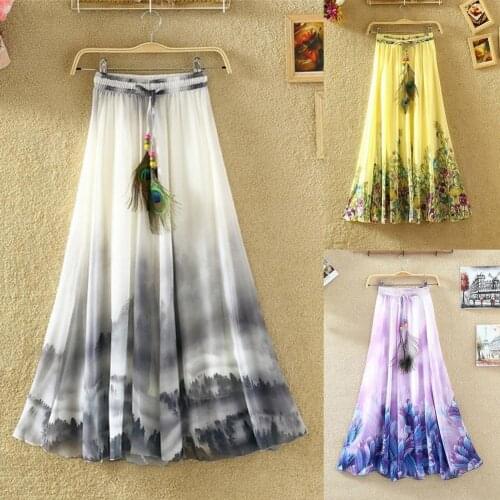 Summer Beach Bohemian Women Chiffon Flower Print Drawstring Maxi Long Skirt юбка