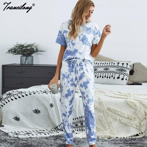 Women Pullover Outfits Oversize 2 Piece Suits 2021 New Short Sleeve Printed Tie Dye Set Sports Home Wear Ladies Loose Tracksuit