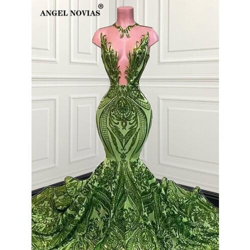 ANGEL NOVIAS Long Memaid Green Lace Evening Dress 2021 Abendkleider Formal Dress Women Elegant Prom Party Dress vestido de noche