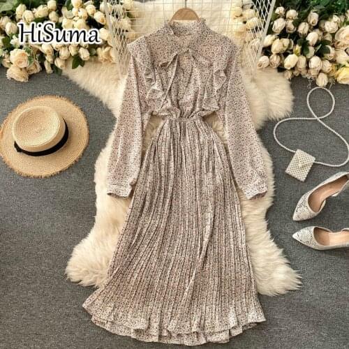 2021 summer new women o-neck lace-up bow ruffles print chiffon A-line dress female Chic elegant waist pleating dresses